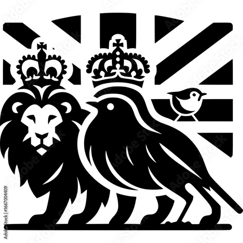 Royal Emblem Silhouette: A striking black and white silhouette of a royal emblem, featuring a majestic lion, a crowned bird, and the iconic Union Jack flag background.