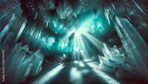 Sunlight pierces a glowing blue ice cave, casting rays on crystalline structures and a frozen path