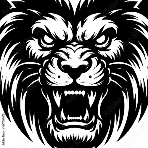 Roaring Lion: A bold, black and white illustration of a fierce lion, capturing raw power and intensity with its open maw and focused gaze.
