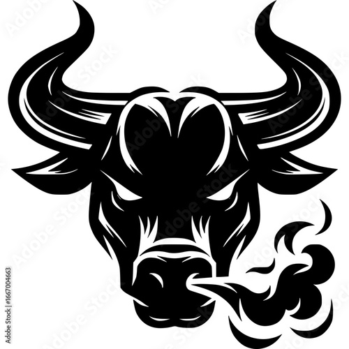 Ferocious Bull Icon: A powerful and intimidating icon of a bull, rendered in bold black and white, ready to charge, perfect for logos, branding, and conveying strength.
