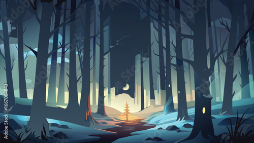 Mysterious dark forest with tall trees shrouded in atmospheric mist and fog