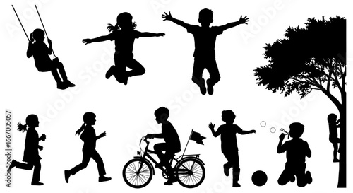 Joyful children silhouettes play and swing under a tree, creating happy childhood memories outdoors