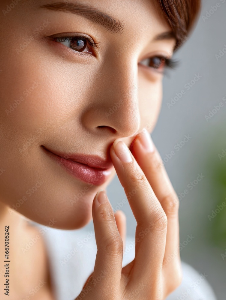 Obraz premium Woman gently touching her face in natural light