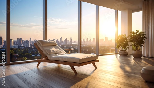 Modern Sunrise Lounge in High-Rise Apartment with City View.
