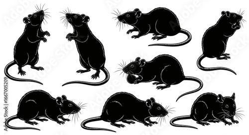 Dynamic collection of black rat silhouettes showcasing various poses and actions, perfect for design projects.