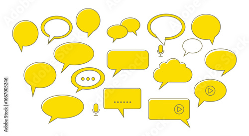 Vibrant collection of yellow speech bubbles and chat icons for dynamic communication concepts