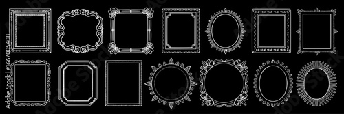 Collection of 18 Ornate White Line Art Picture Frames on Black Background: Square, Rectangular, Oval, and Circular Designs