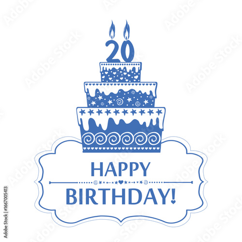 20 years anniversary. Happy birthday card. The birthday cake with candles in the form of number 20 icon. Vector illustration