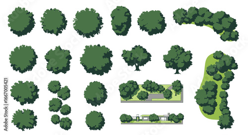 Diverse green trees in top-down and side views, perfect for architectural rendering and landscape design