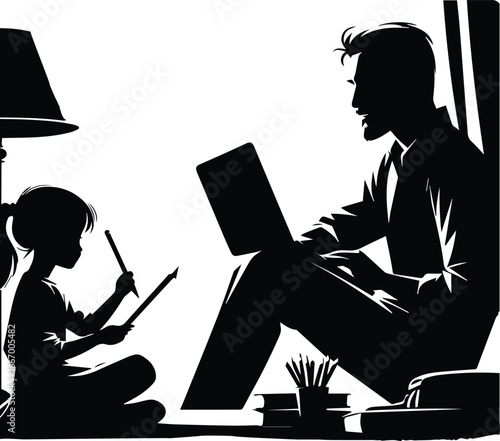 Silhouette of father with Laptop and Girl Writing, Education and Mentorship in Digital Learning