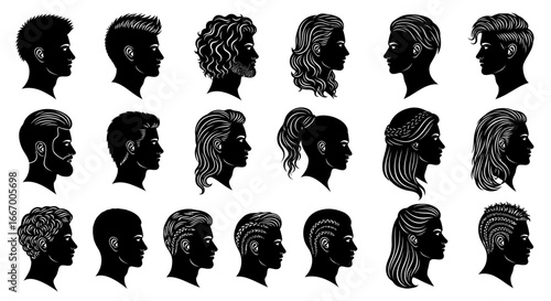 Diverse collection of stylish male and female profile silhouettes showcasing various haircuts and hairstyles