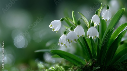 Discover the beauty of delicate white snowdrop flowers swaying gently in the nature. This enchanting scene captures the essence of spring. Perfect for nature lovers and floral enthusiasts. AI.