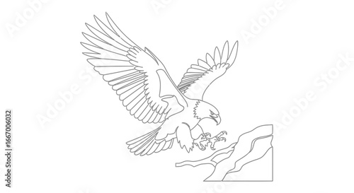 Majestic eagle with outstretched wings swoops down to grasp prey on rocky cliff edge