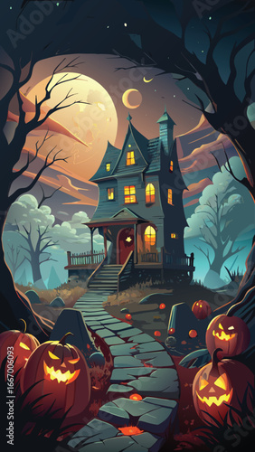 Spooky halloween scene with haunted elements and eerie atmosphere