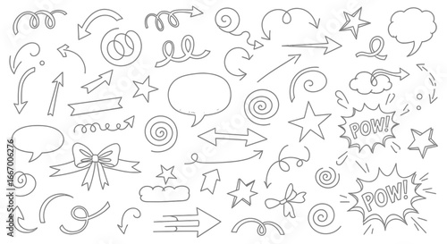 Doodle elements set arrows speech bubbles stars ribbons and bows for creative projects