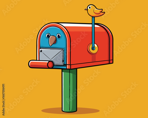 Vector art of quirky red mailbox with a blue bird on top and an envelope inside, featuring a friendly face design on a bright orange background, symbolizing communication and delivery