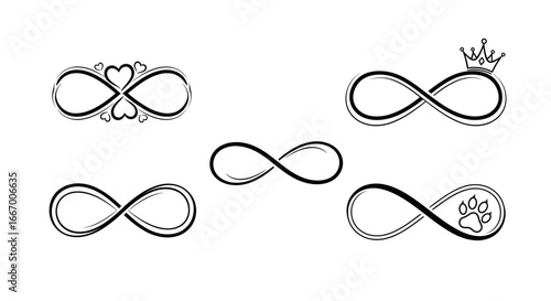 Elegant infinity symbols with hearts, crown, and paw print for timeless design