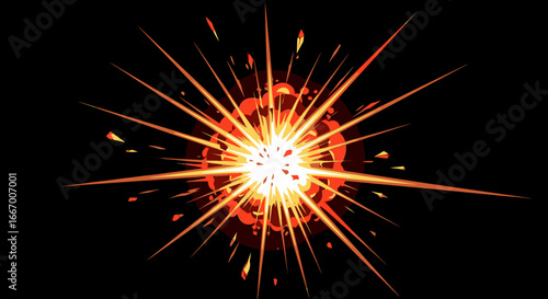 Dynamic fiery explosion bursts with vibrant energy radiating outward against a dark backdrop