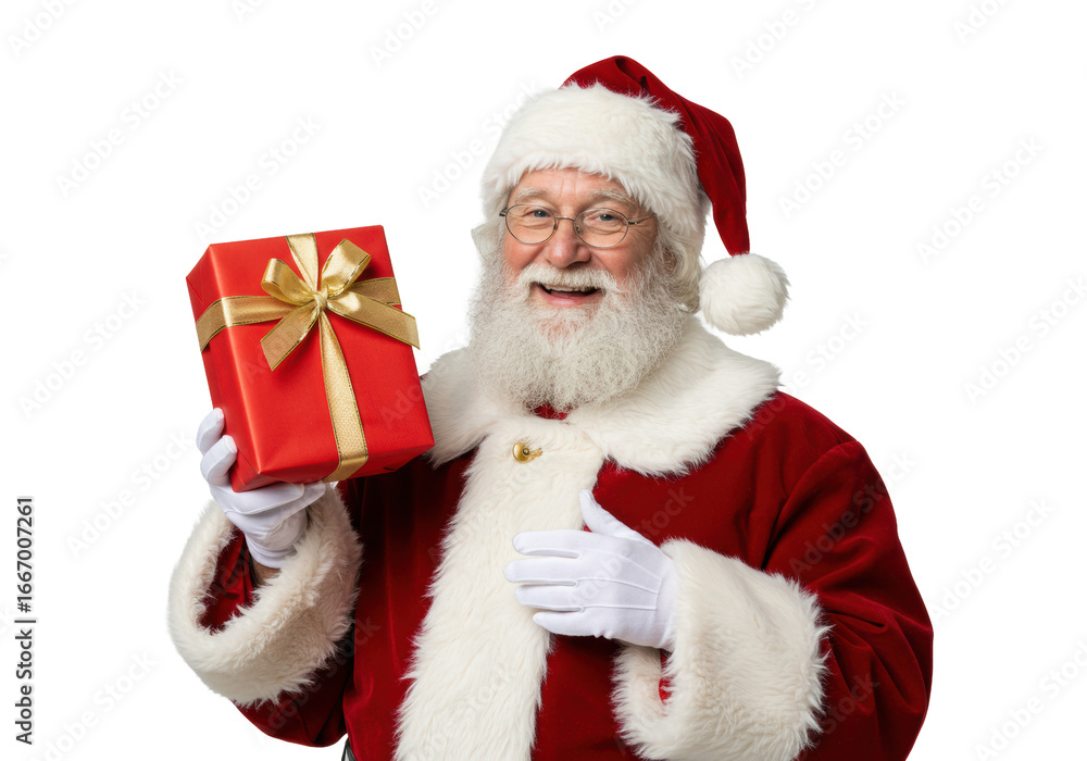 Naklejka premium Elderly caucasian man as santa claus in red velvet suit, holding a red gift box with gold ribbon, smiling on white studio background, embodying holiday tradition and joy