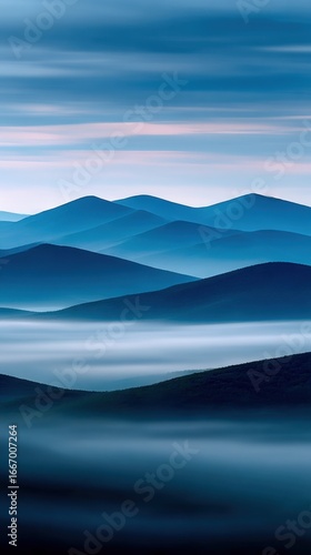 Misty blue mountains under a calm sky at dawn