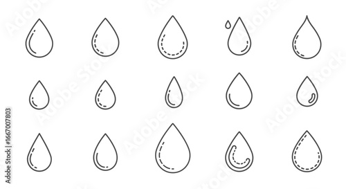 Collection of simple water drop icons in various styles, perfect for clean design projects
