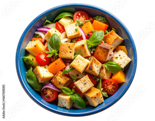Top-Down Flat Lay View of Colorful Panzanella Salad in Blue Rustic Bowl, Isolated PNG