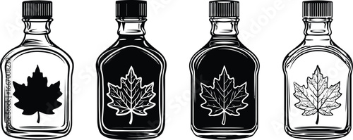 Set of Four Identical Bottles Featuring Variations of Maple Leaf Designs in Black and White, Showcasing Contrast and Detail for Branding, Packaging, and Visual Identity Concepts