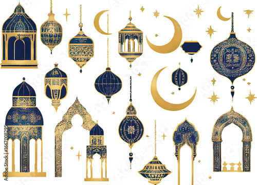 Islamic Lanterns Crescent Moon and Stars Decorative Elements ramadan