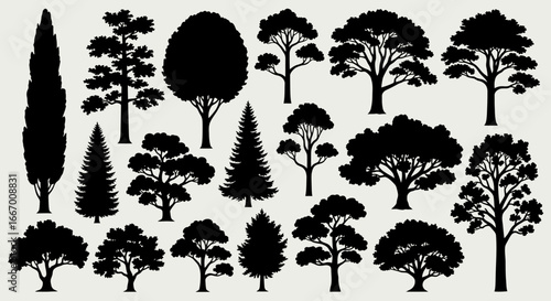 Diverse collection of black tree silhouettes offering endless design possibilities for nature projects
