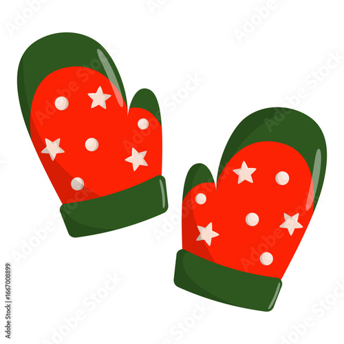 Colorful Christmas mittens decorated with stars and dots, set against a plain white background