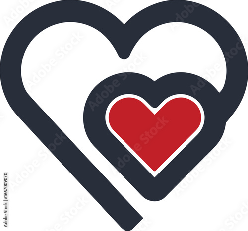 Stylized Graphic of Three Nested Heart Shapes with Thick Outlined Outer Hearts and Solid Red Inner Heart, Representing Layered Affection, Emotional Depth, and Love in Minimalist Modern Design