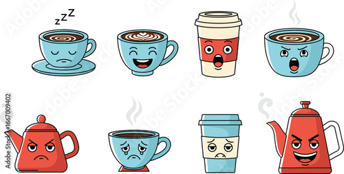 Cartoon coffee cups and kettles with expressive faces – cute and funny hot drink icons showing emotions, vector illustration set.