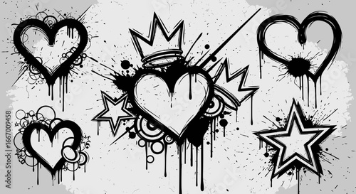 Dynamic grunge hearts and stars with dripping paint create a bold, edgy graphic statement for modern design