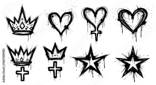Edgy grunge icons crown heart star cross symbols dripping paint artistic urban street style