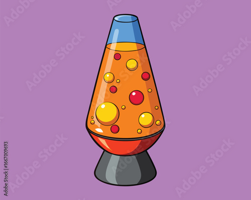 Vector art of a colorful lava lamp with glowing orange bubbles in liquid, creating a mesmerizing and relaxing ambiance on a purple background