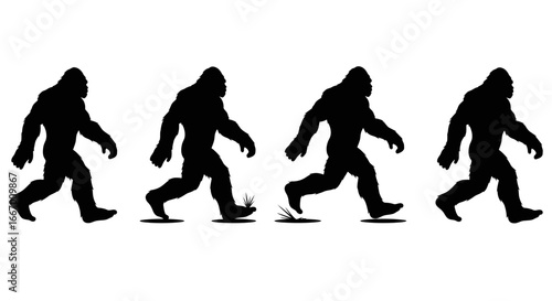 Four Bigfoot silhouettes in motion, capturing the mysterious creature's stride across a clean background.