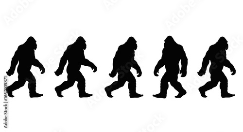 Five Bigfoot silhouettes walking forward, iconic cryptid exploration and mystery