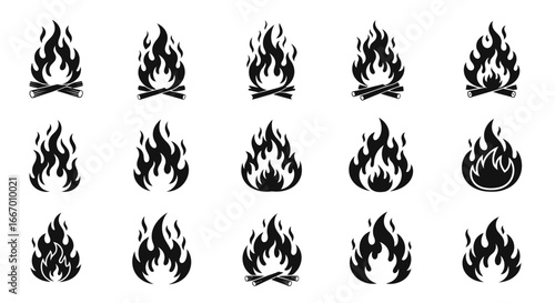 Dynamic collection of stylized black fire icons for design projects