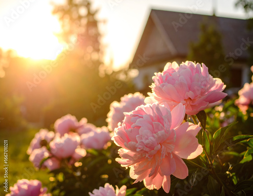 Blooming pink peony flowers in garden during golden hour sunlight scenery