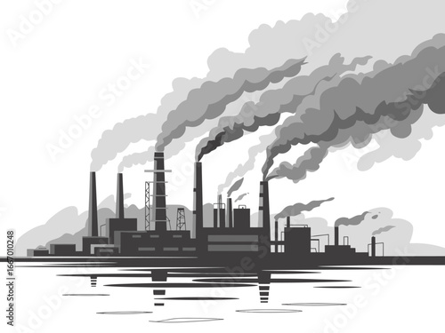 Industrial Pollution Illustration Factory Skyline Silhouette with Smoke Plumes and Environmental Impact on Water