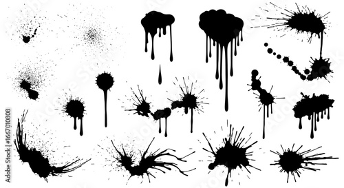 Dynamic black ink splatters and drips create artistic textures for striking design projects