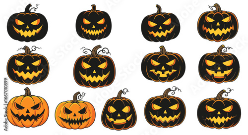 Spooky Halloween jack-o'-lanterns with glowing eyes and menacing smiles for festive decoration