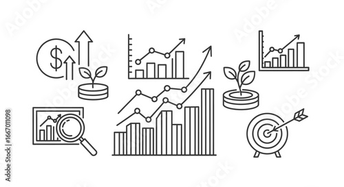 Achieve financial growth and business success with these modern investment and data analysis icons