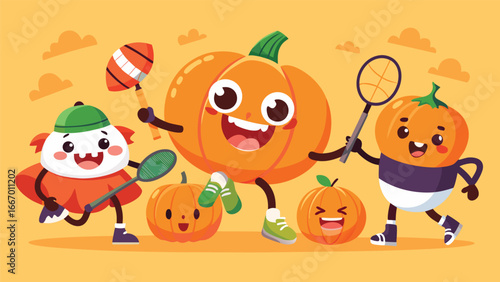 Six adorable cartoon pumpkins in a festive autumn scene with vibrant colors and playful expressions