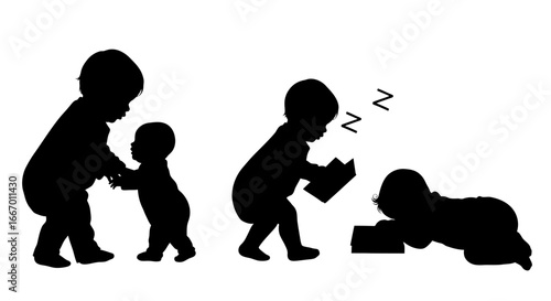 Charming silhouettes of babies exploring the world, learning, reading, and napping in a playful scene
