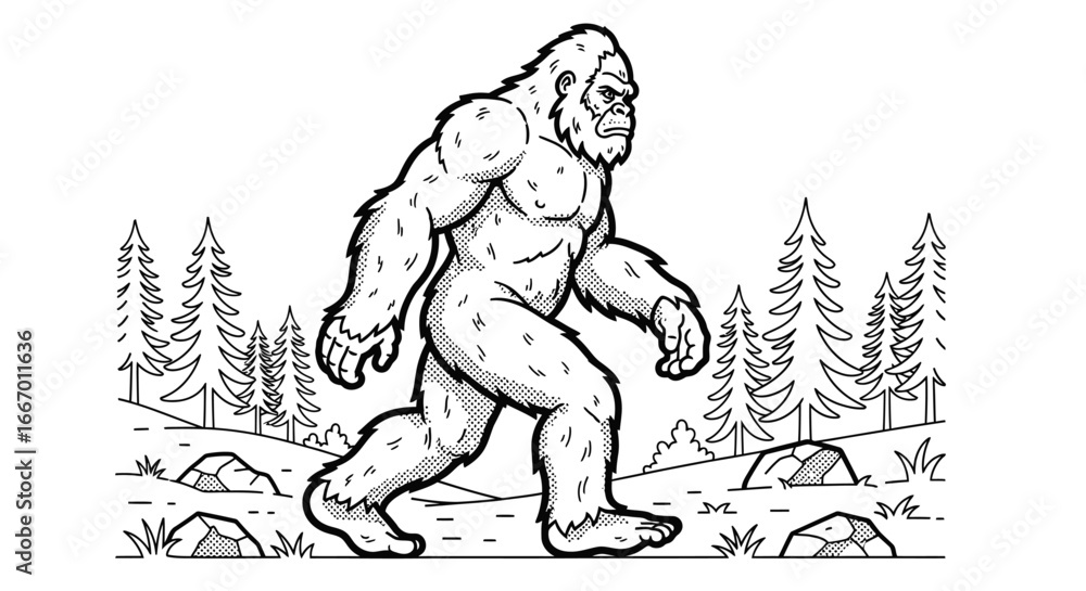 Fototapeta premium Find the elusive Bigfoot walking powerfully through the woods, a mythical creature and wilderness icon