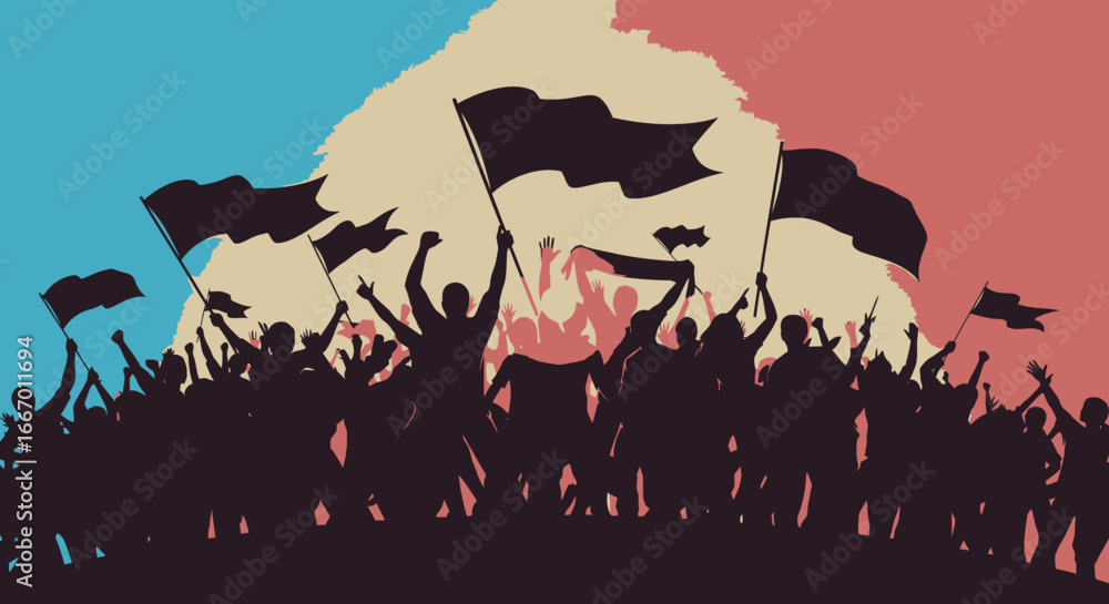 Εκτύπωση καμβά Powerful crowd of protestors rallying with flags against vibrant sunset sky show