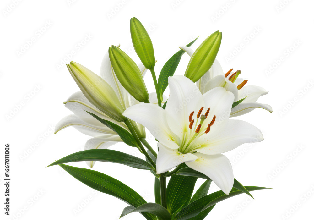 Obraz premium A perfectly composed cluster of transparent lily flowers, delicate petals, and green buds with lush leaves, on a transparent background with soft studio lighting, concept of natural purity and