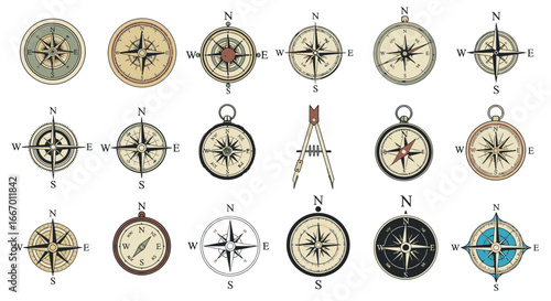 Collection of vintage compass illustrations showing different styles and designs, including a drafting compass.