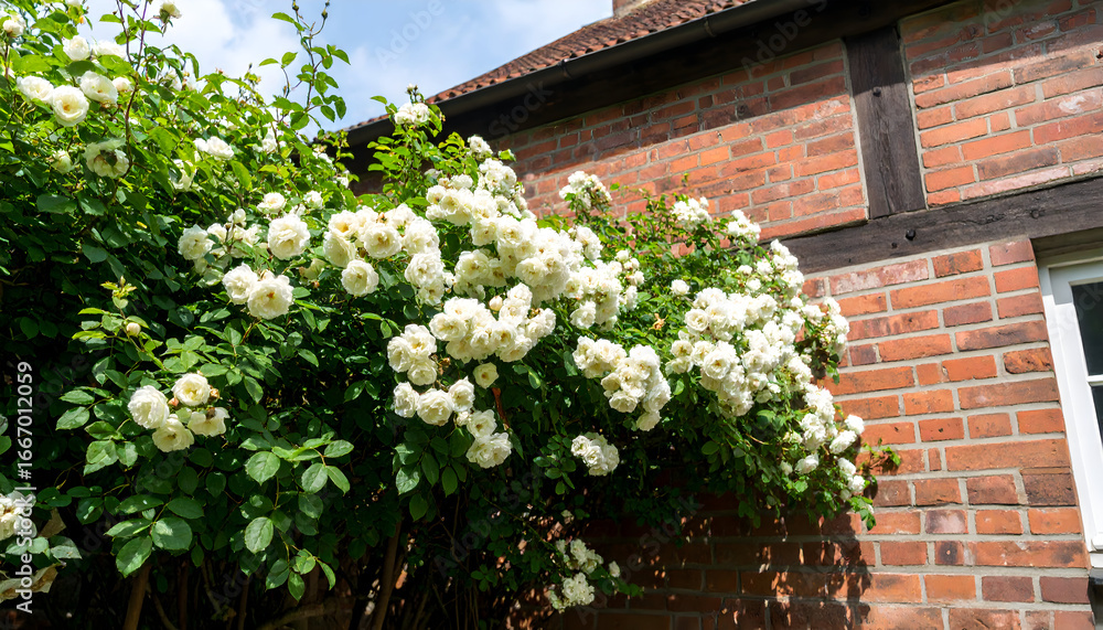 Fototapeta premium Abundant white roses cascading over a rustic brick wall in sunlight